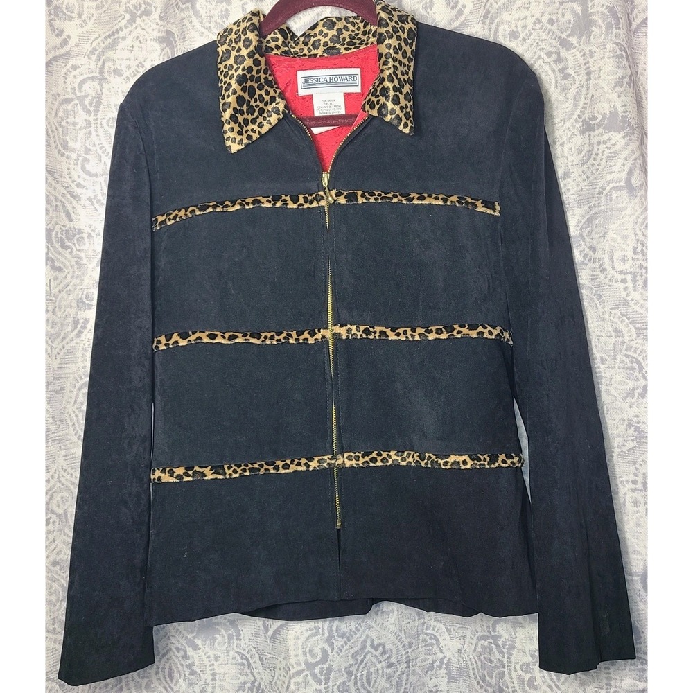 Vtg Jessica Howard Jacket Sz 14 Black Leopard Faux Fur Zip Career Y2k EUC - Picture 2 of 4